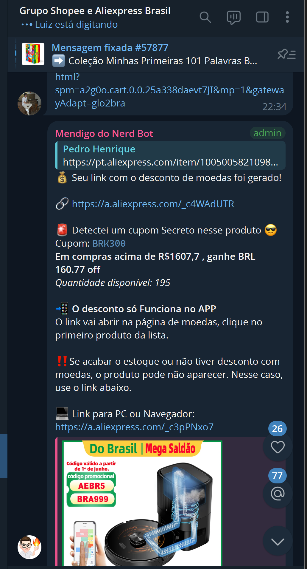 Conversa em um grupo do Telegram: o bot converte o link, avisa que o desconto de moedas funciona no app e detecta um cupom secreto do produto com valor de desconto e gasto mínimo