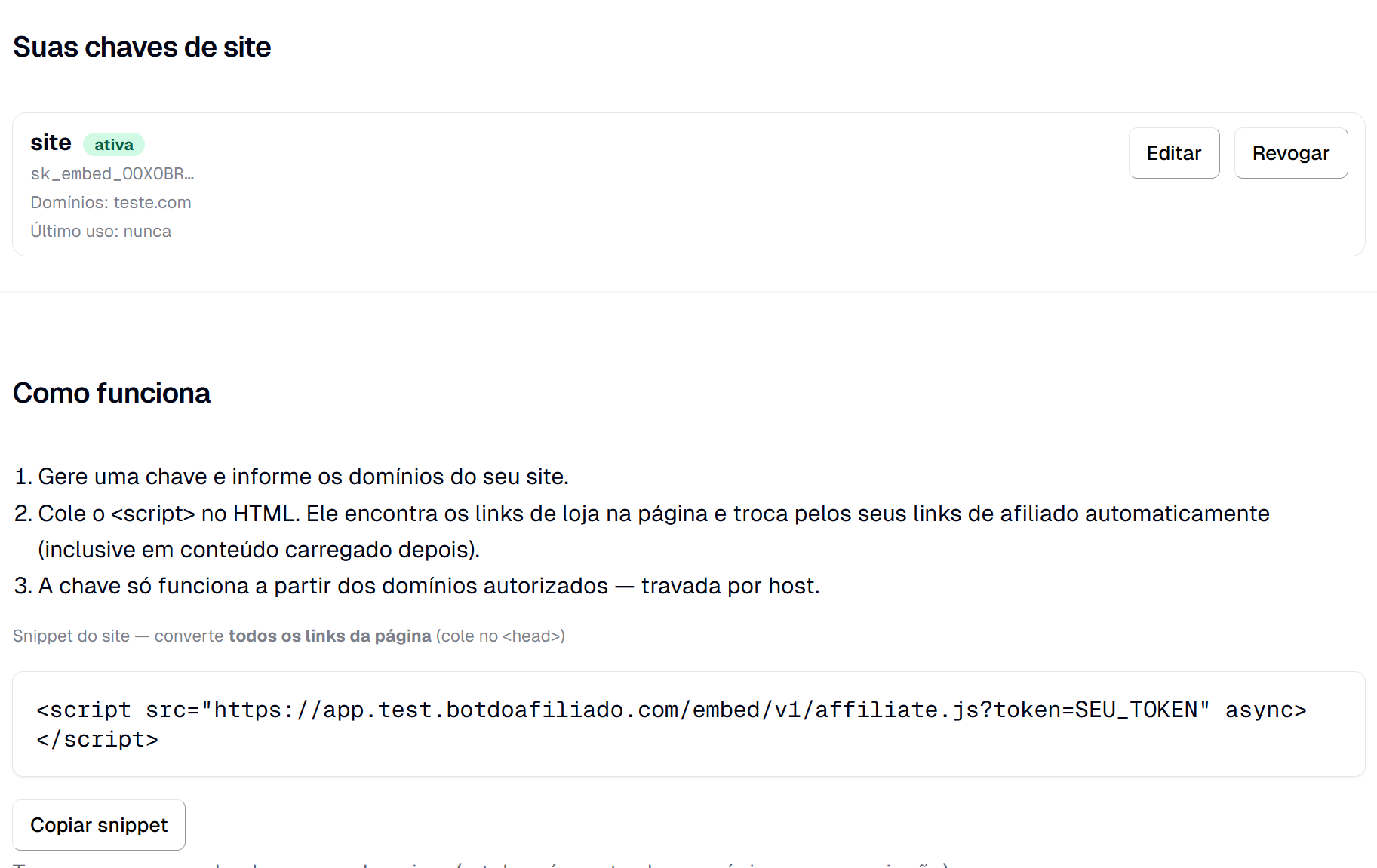 Aba Script do site no painel: a chave gerada com os domínios autorizados, o passo a passo e o snippet do script pronto para copiar
