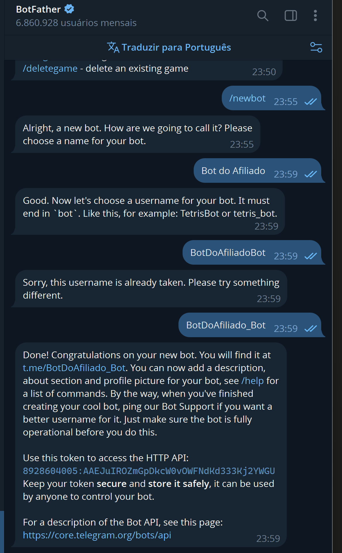 BotFather criando um bot com /newbot: escolha de nome, username e o token de acesso