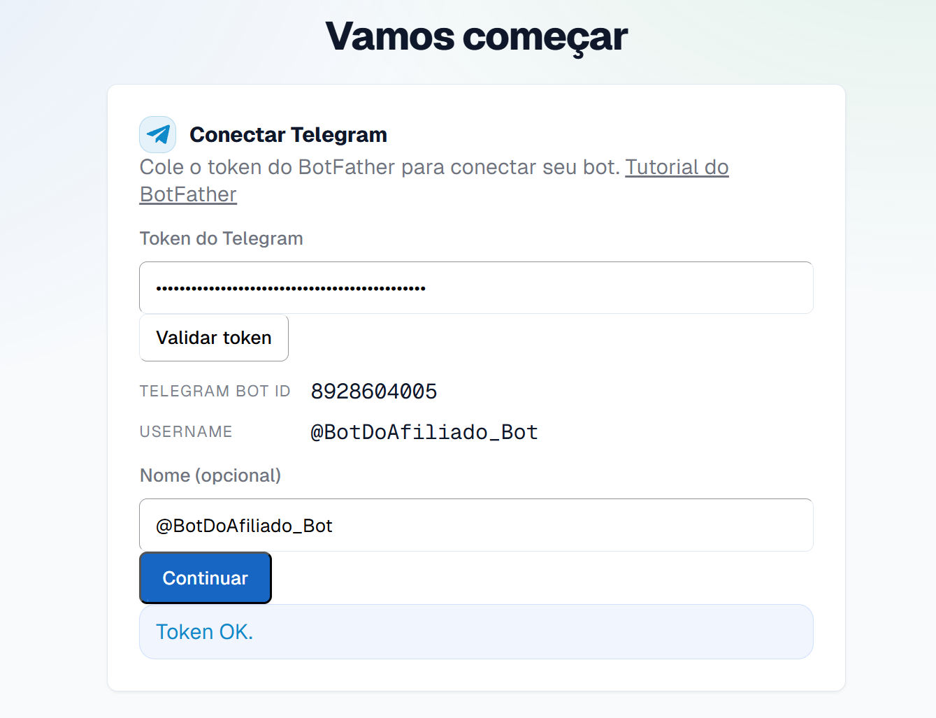 Tela Conectar Telegram do painel: token validado, ID e username do bot, com a mensagem Token OK