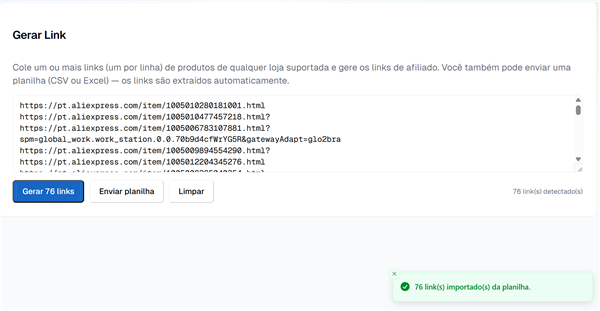 Tela Gerar Link do painel com vários links do AliExpress colados e o botão Gerar, além da opção Enviar planilha