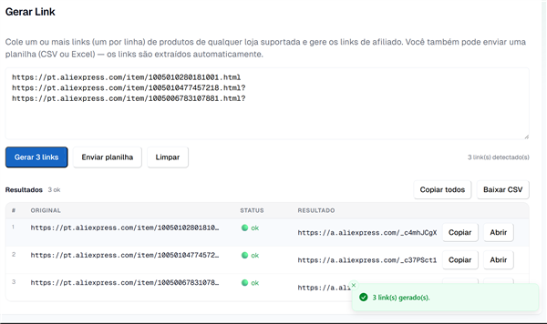 Resultados do Gerar Link: tabela com link original, status OK e link de afiliado, com os botões Copiar todos e Baixar CSV