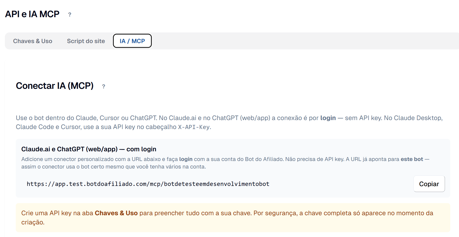 Aba IA / MCP do painel mostrando a URL do conector MCP do bot e o botão Copiar