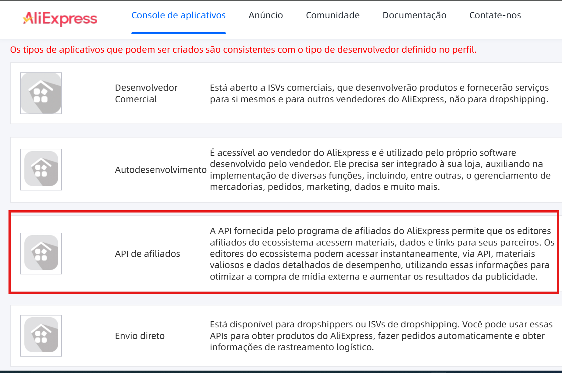 Seleção do tipo de aplicação afiliado no AliExpress Open Service