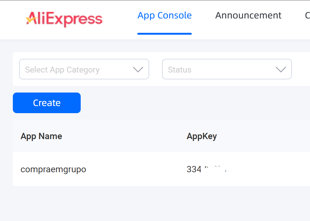 Criação de um novo app no AliExpress Open Service