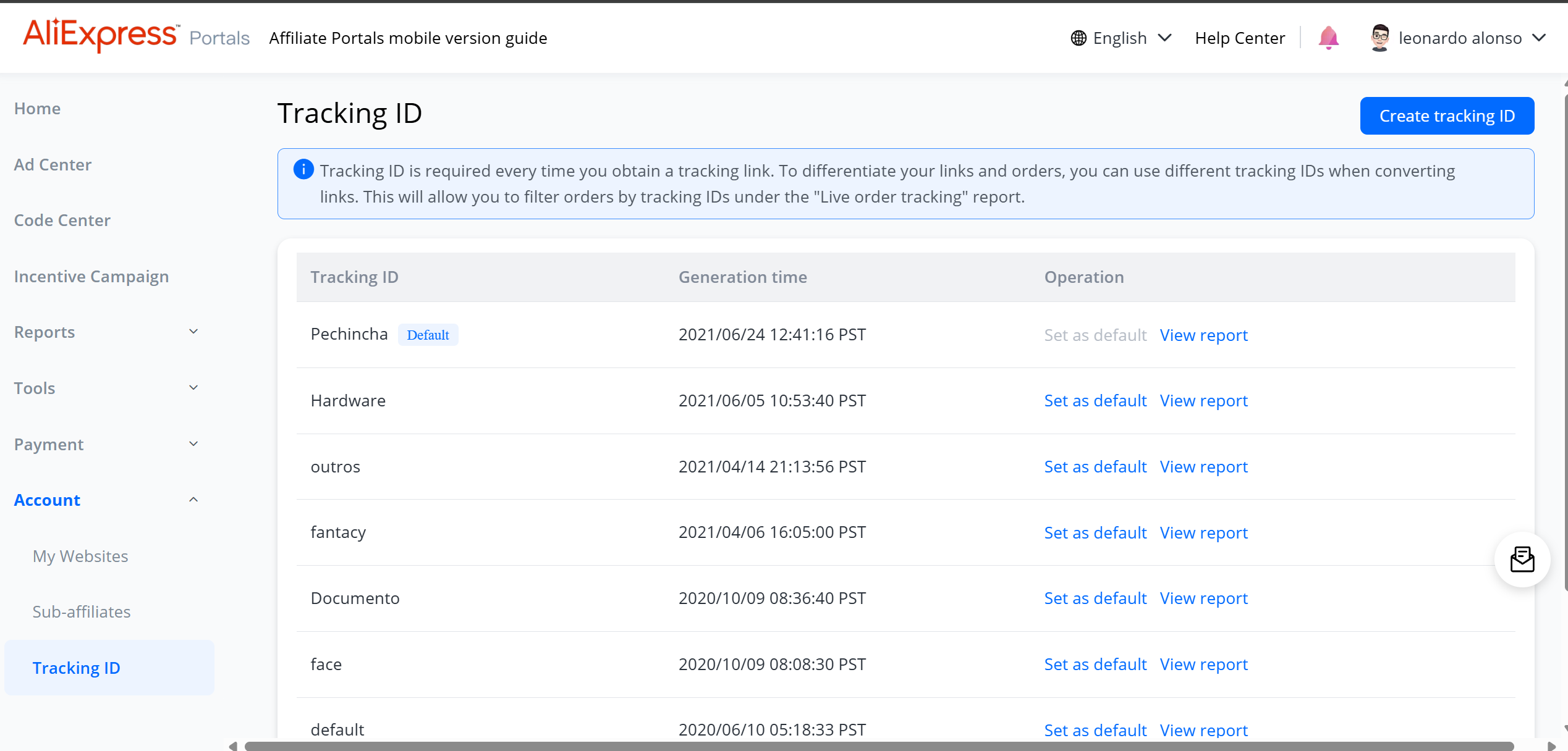 Tela de Tracking ID do AliExpress Portals (menu Account), onde criar ou copiar o seu PID de afiliado