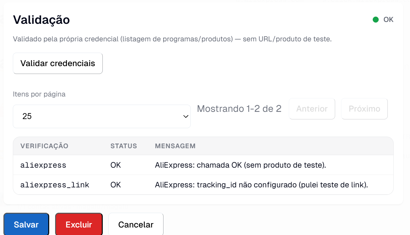Validação do plugin AliExpress no painel: checagens da credencial com status OK