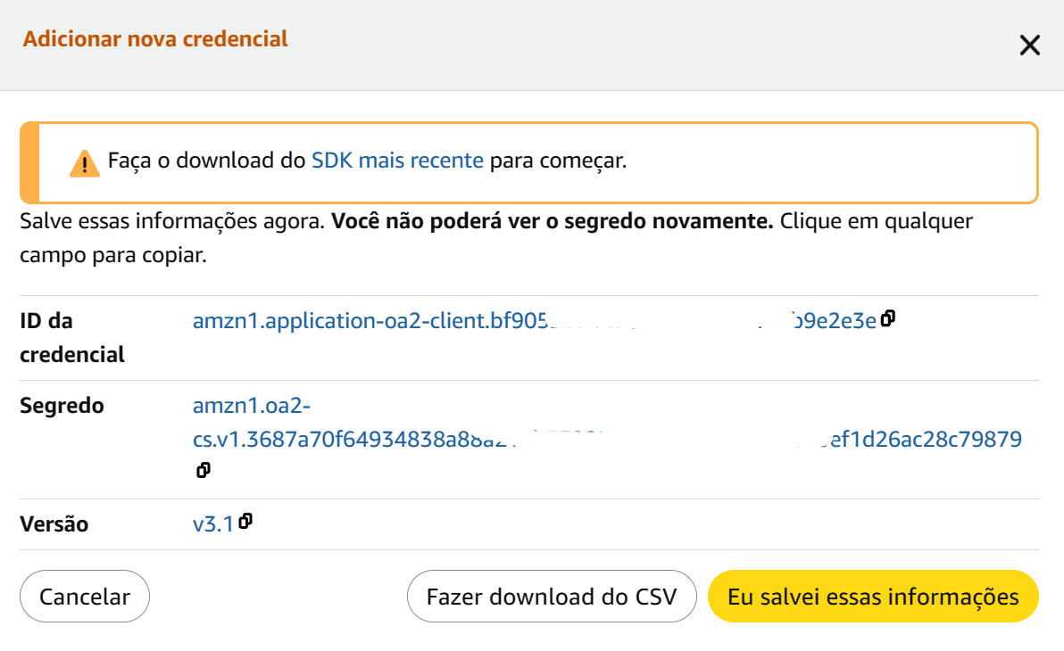 Aplicação criada no console da Amazon Creators API, com as credenciais geradas