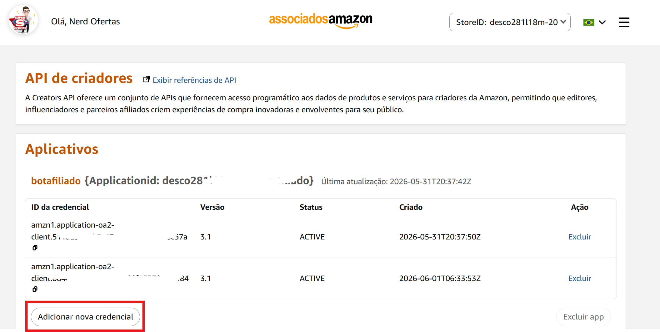 Console da Amazon Creators API mostrando a aplicação criada e onde copiar credentialId e credentialSecret