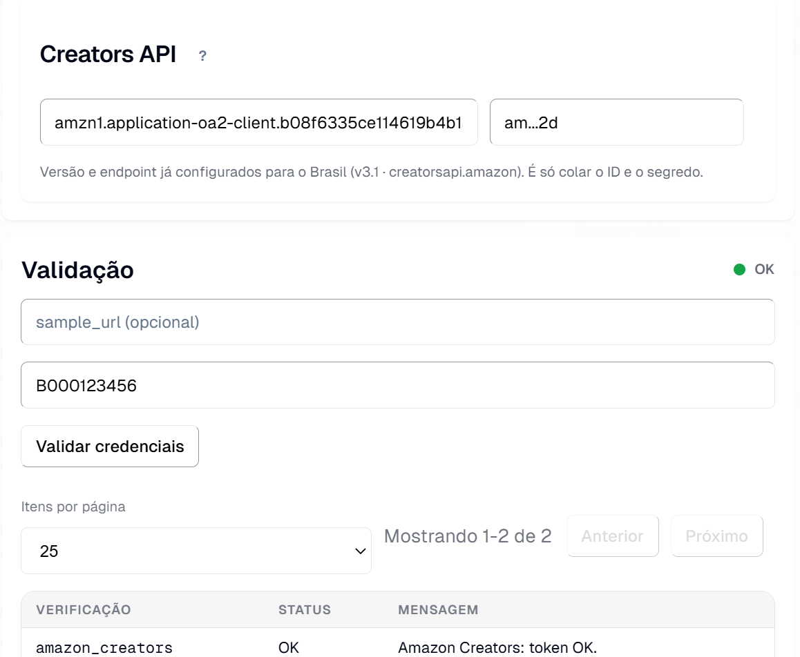 Plugin Amazon no painel com a Creators API preenchida e a validação OK