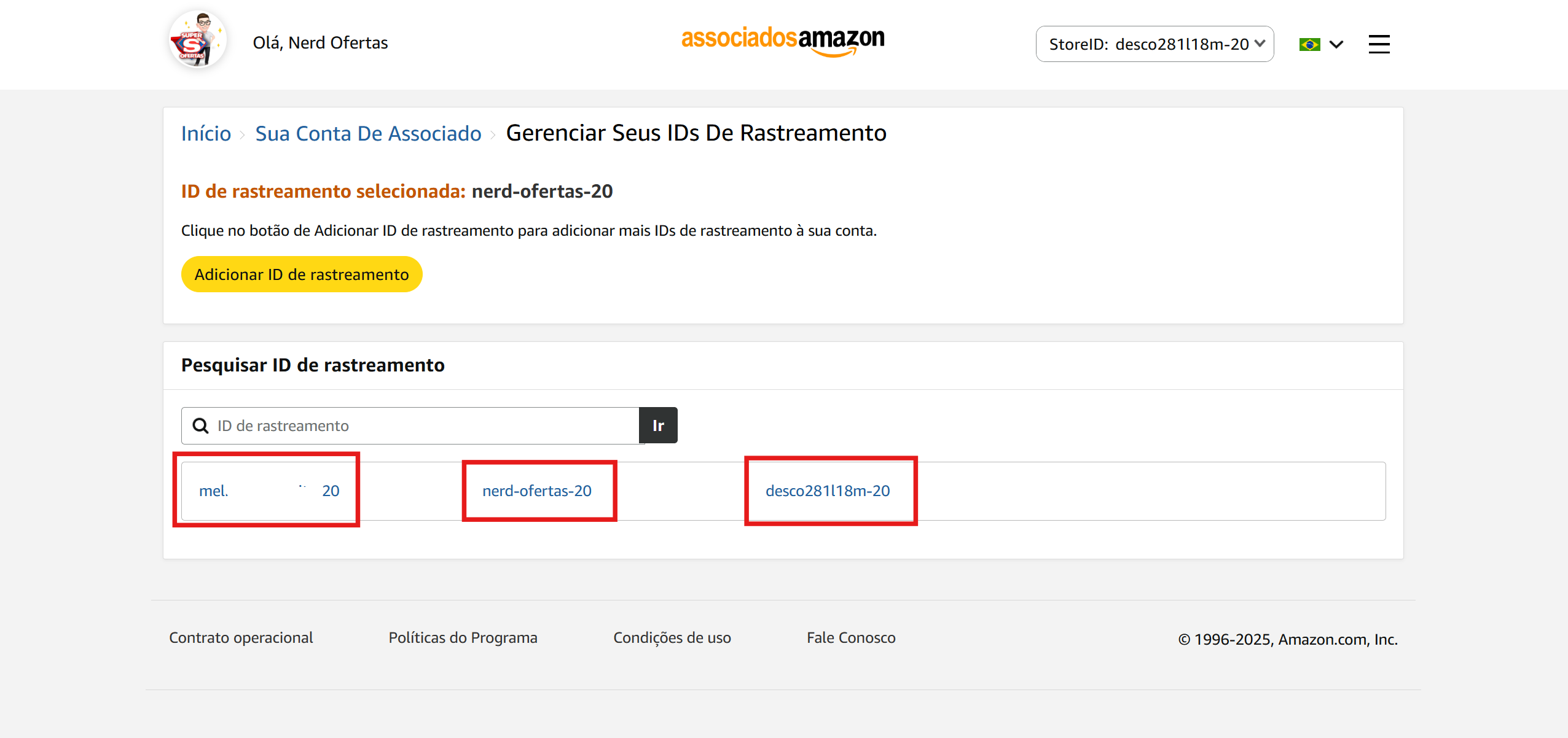 Central de Associados Amazon mostrando onde encontrar e copiar a sua etiqueta de rastreamento (partner tag)