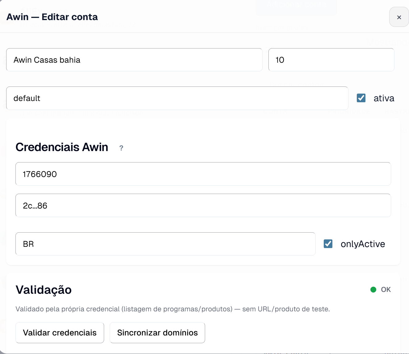 Edição de uma conta Awin no painel: publisherId, token (mascarado), país e a validação OK