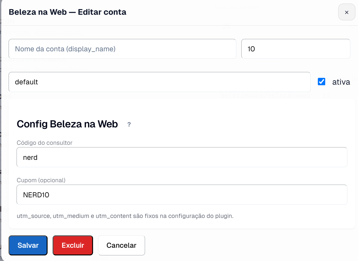 Card Beleza na Web no painel com o código de consultor e o cupom preenchidos