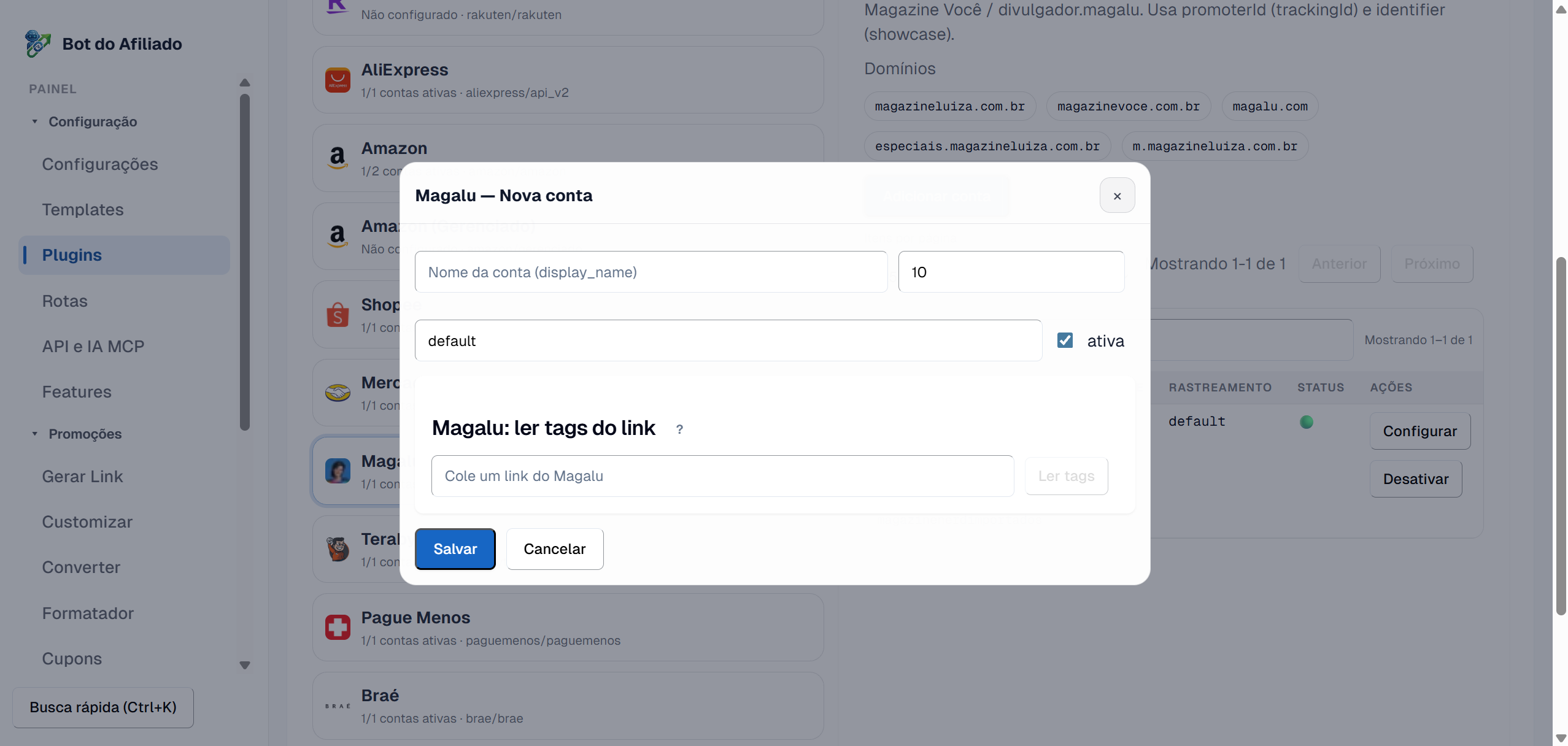 Modal Magalu no painel com o campo Cole um link do Magalu e o botão Ler tags