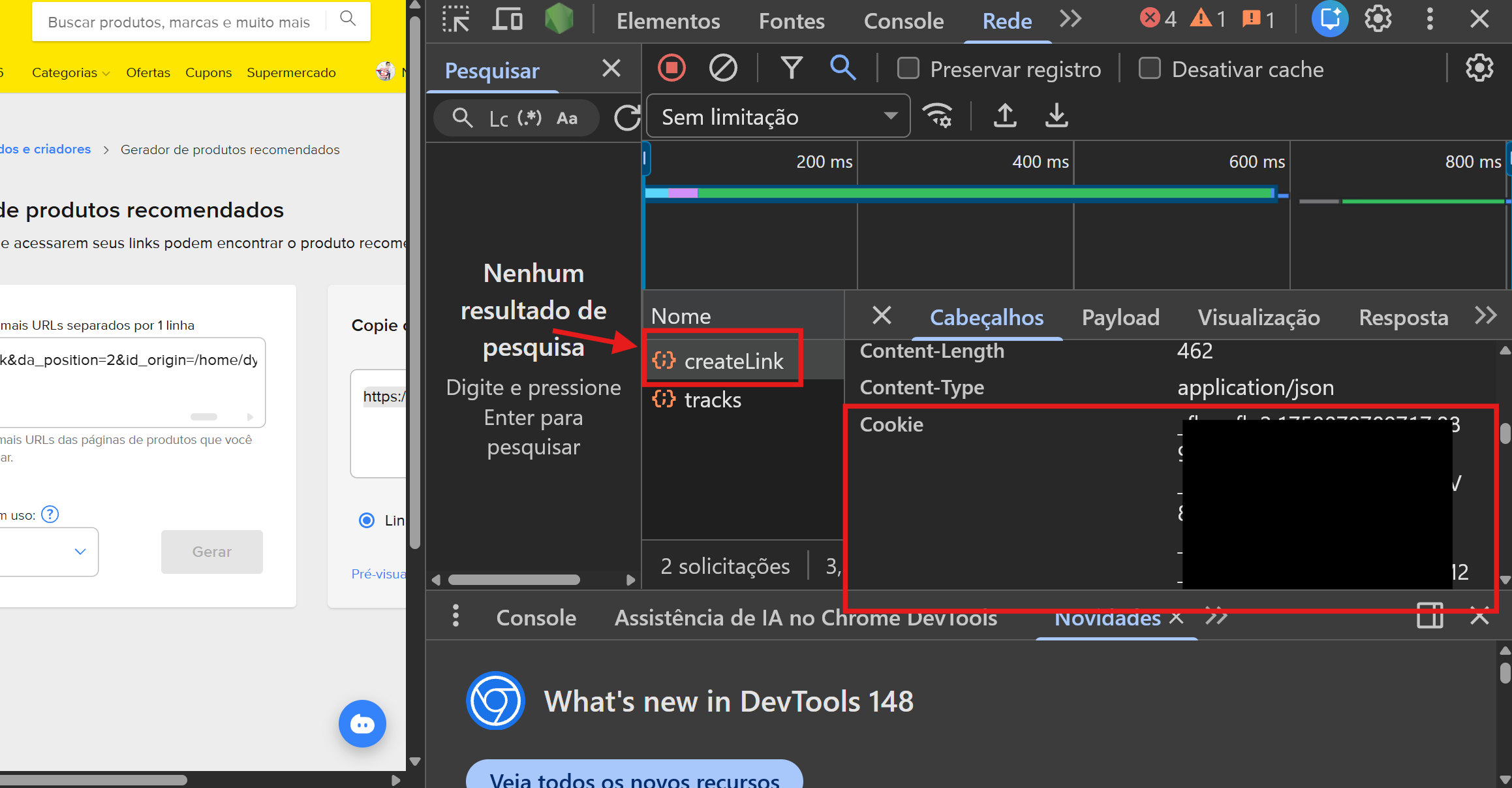 Requisição createLink aberta na aba Rede com o cabeçalho Cookie destacado para copiar