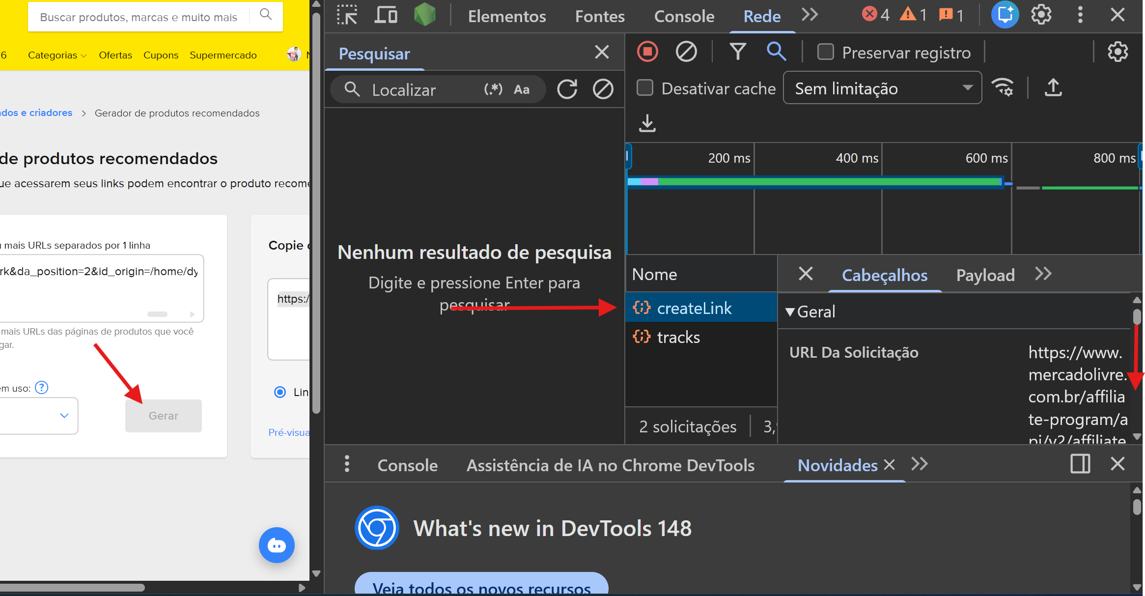 Aba Rede mostrando a requisição createLink que deve ser selecionada
