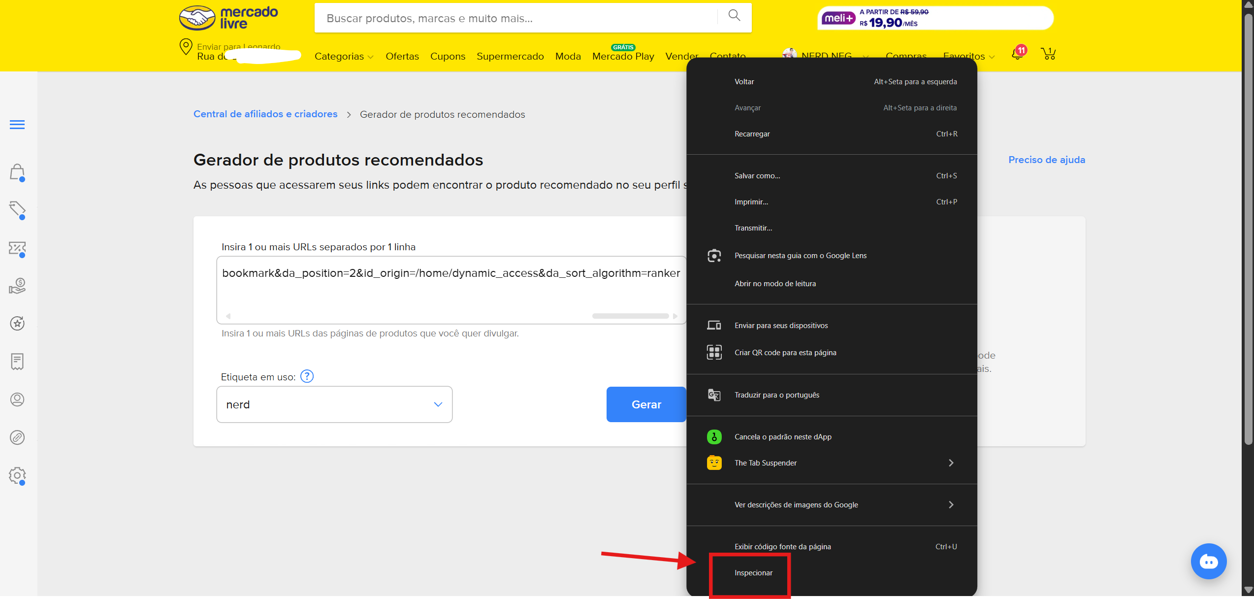 Menu do navegador na página do Mercado Livre com a opção Inspecionar destacada
