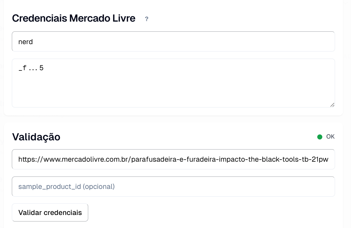 Credenciais do Mercado Livre no painel com os campos Tag e Cookie preenchidos e a validação OK