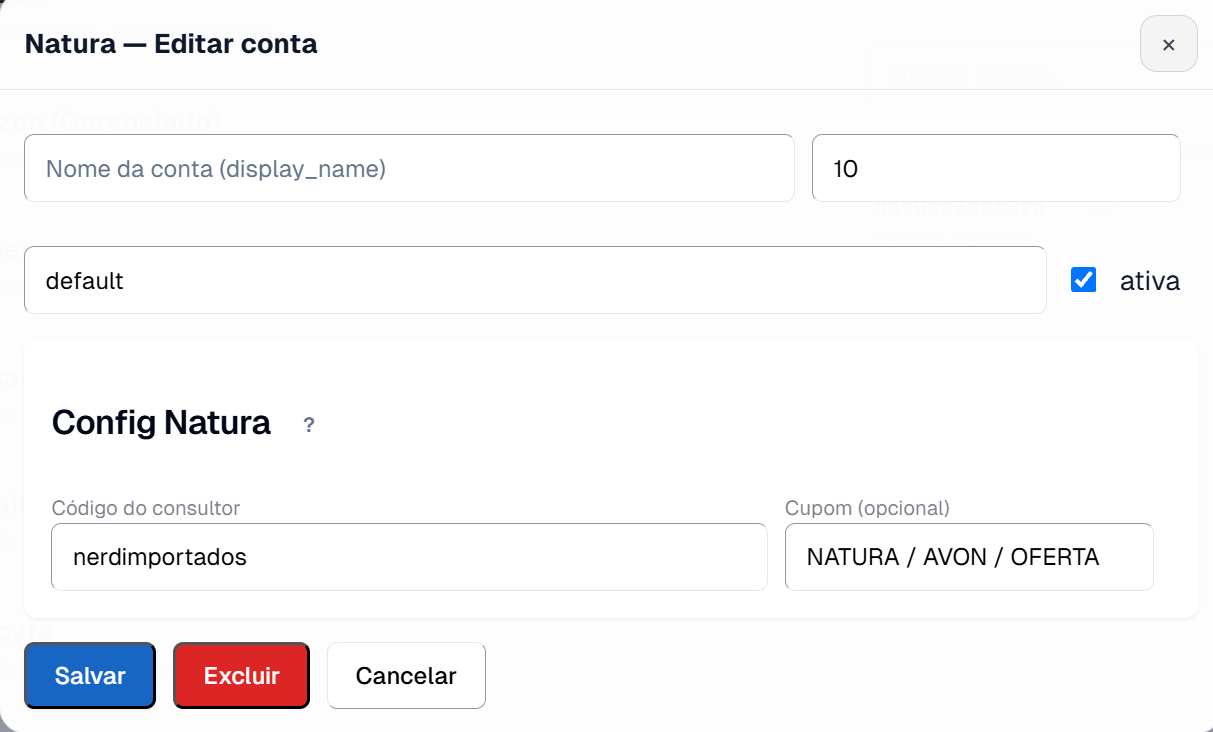Card Natura no painel com o código de consultor e o cupom preenchidos