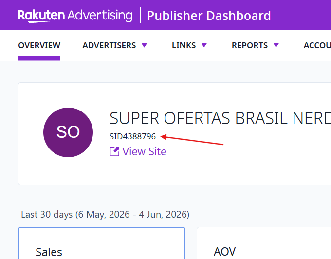 Card Rakuten no painel com os campos SID, App ID e App Secret preenchidos