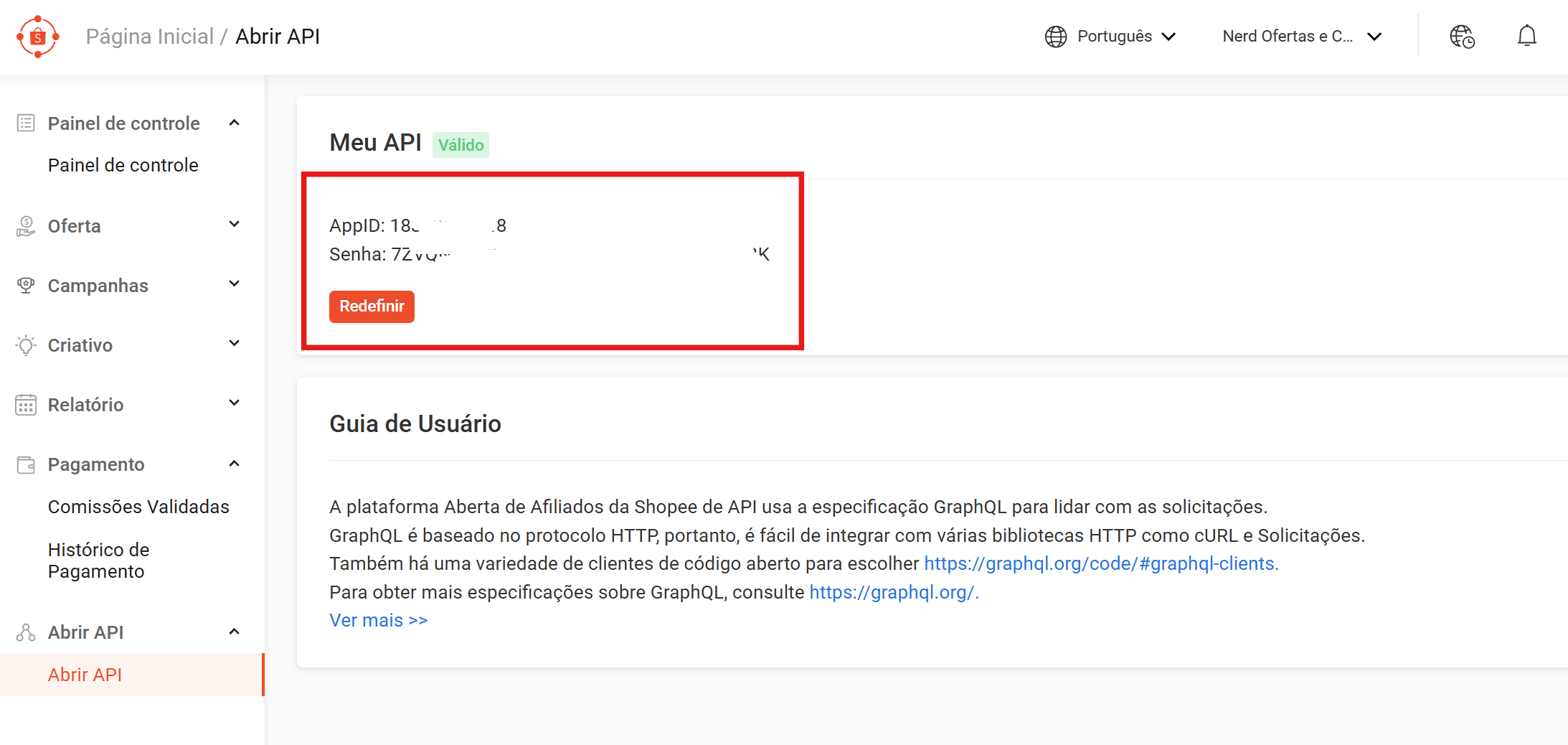 Área Open API da Shopee Afiliados mostrando onde copiar o appId e o secret