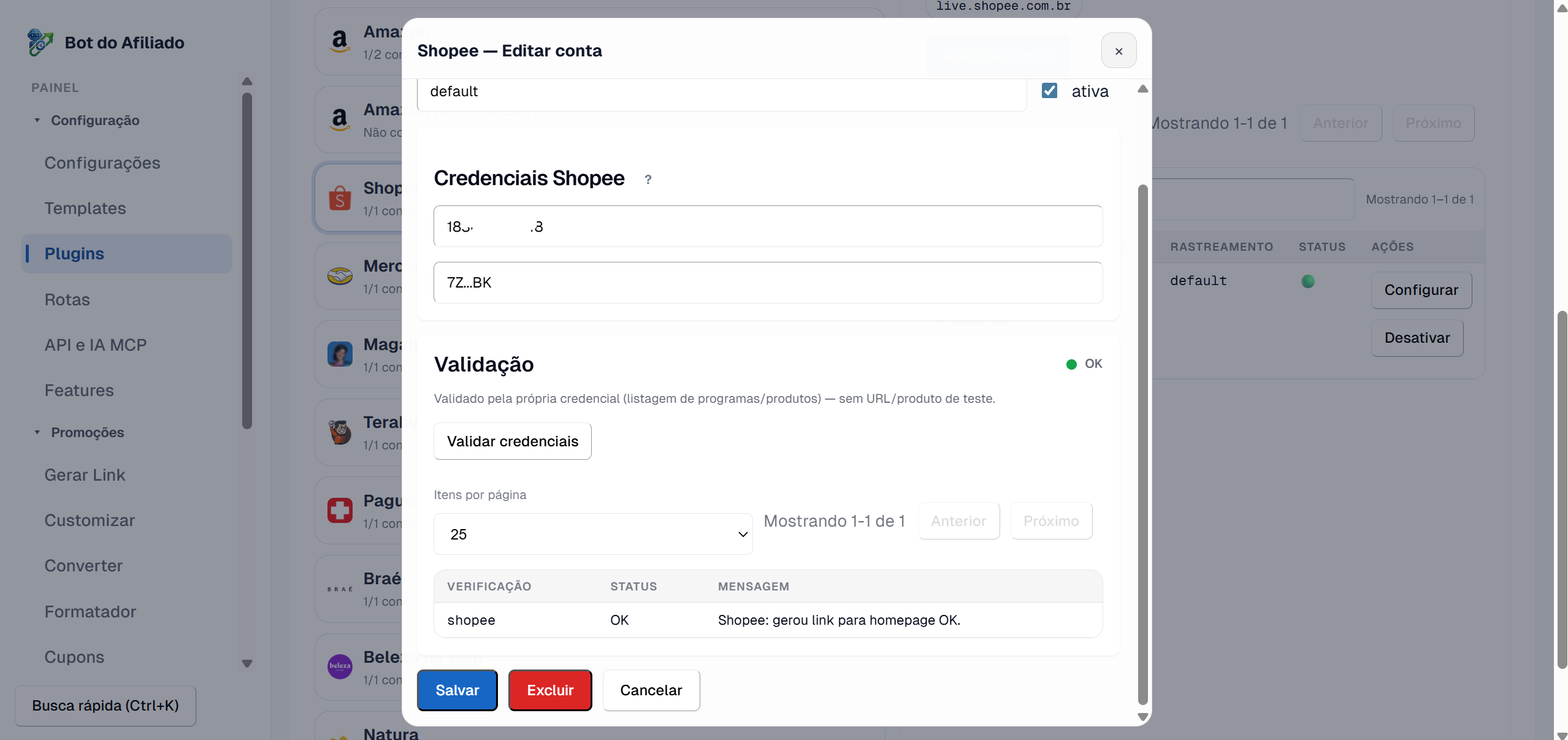 Card Shopee no painel com appId e secret preenchidos