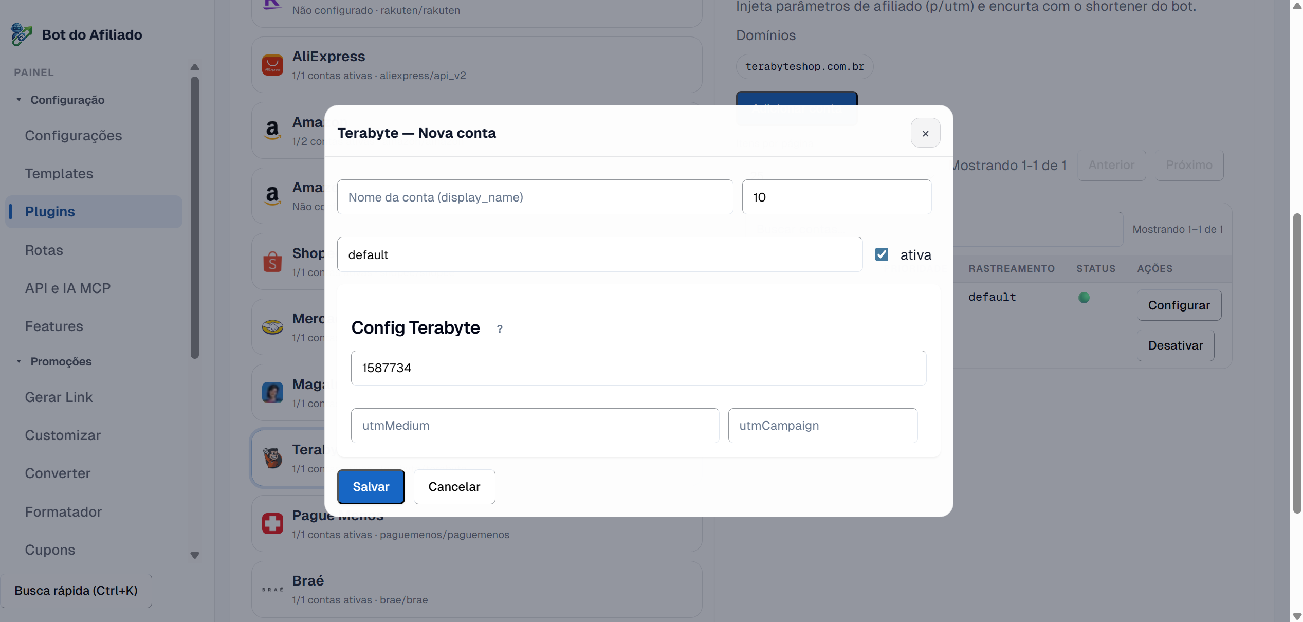 Card Terabyte no painel com o identificador e os UTMs preenchidos
