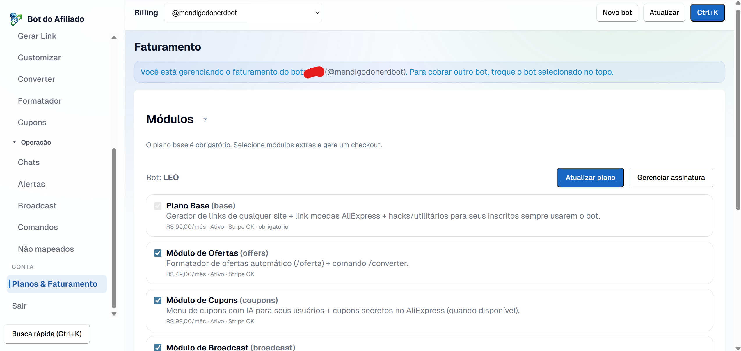Tela de Faturamento do painel com a lista de módulos e os checkboxes para marcar e gerar o checkout