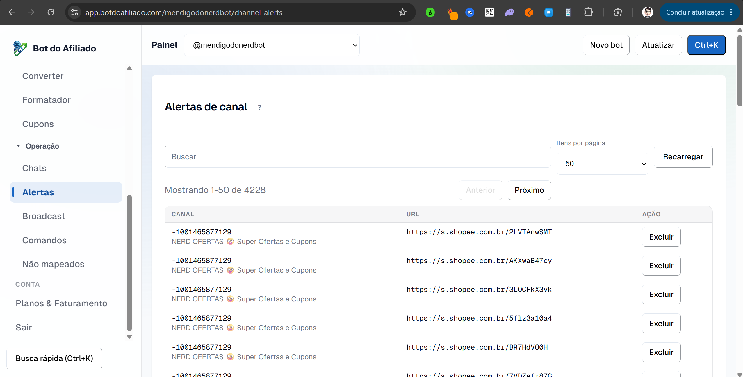 Painel de Alertas de canal: lista com o canal de origem e a URL do link inesperado, com ação de excluir