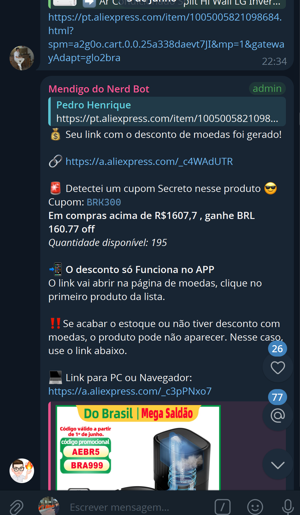 Bot detectando um cupom secreto em um produto do AliExpress, mostrando o código, o desconto e o valor mínimo de compra
