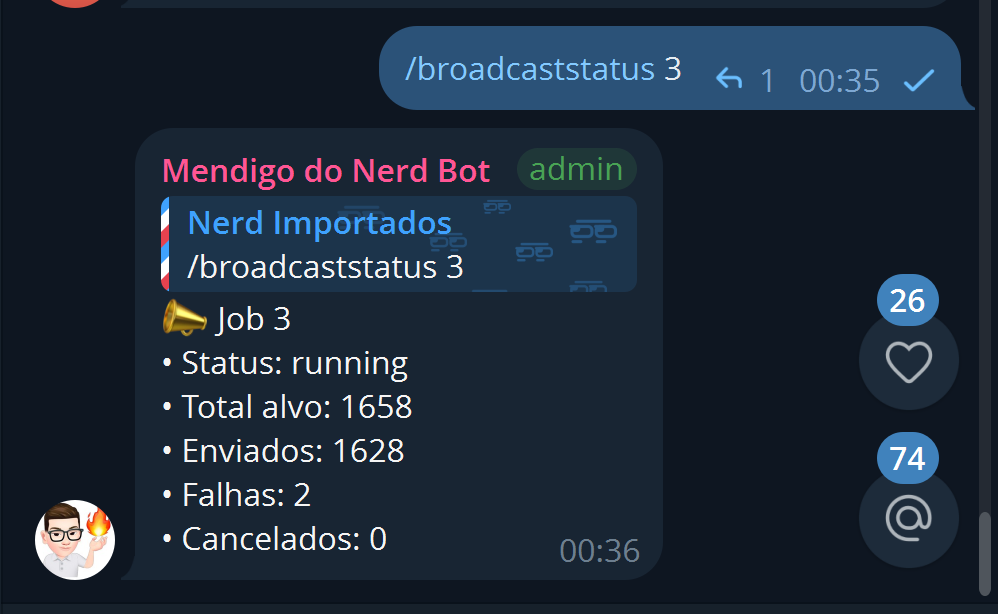 Comando /broadcaststatus: o bot mostra status, total de alvos, enviados, falhas e cancelados