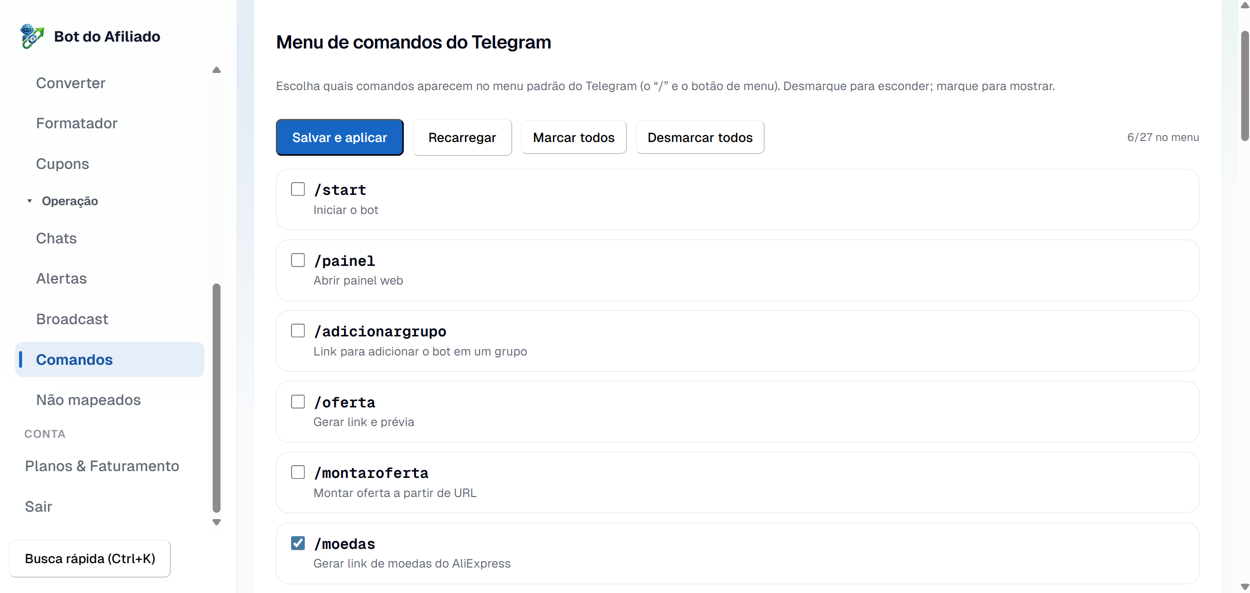 Aba Comandos do painel: lista de comandos do Telegram com checkboxes para mostrar ou esconder cada um no menu