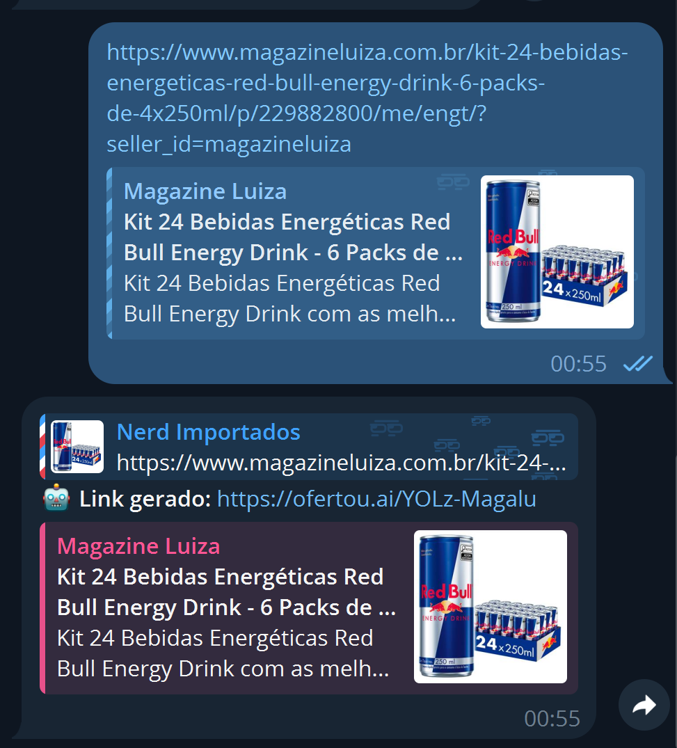 Conversa no Telegram: o usuário envia um link da Magazine Luiza e o bot responde com o link de afiliado encurtado e o card do produto (título e imagem)