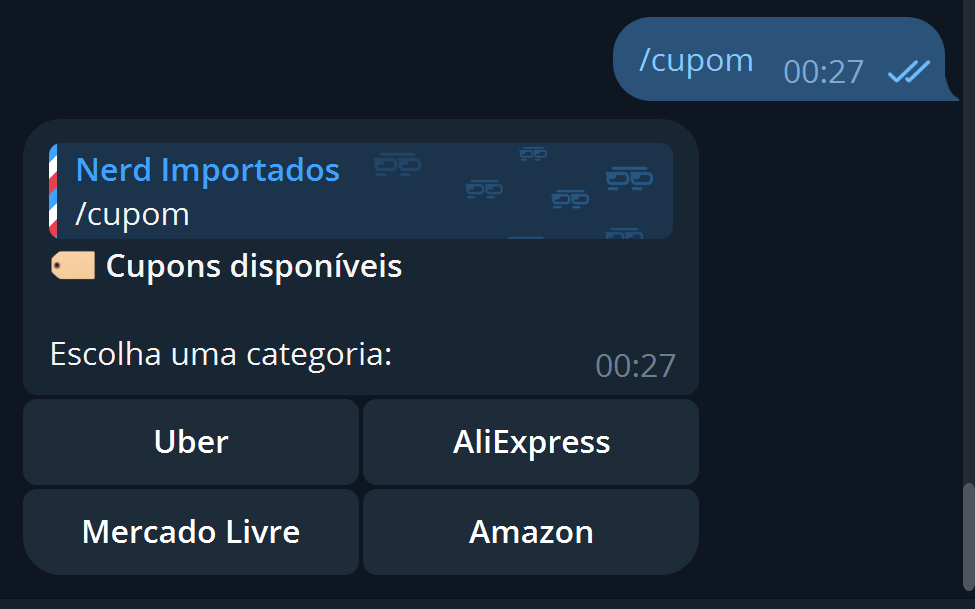 Comando /cupom no Telegram mostrando o menu de categorias de cupons (Uber, AliExpress, Mercado Livre, Amazon)