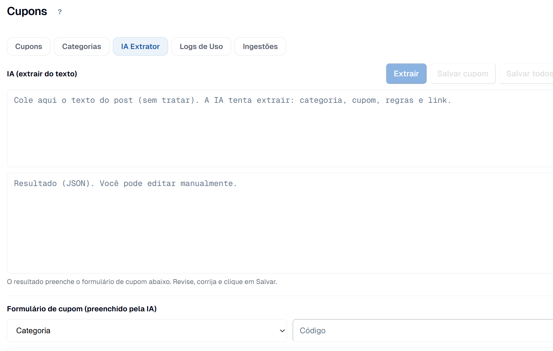 Aba IA Extrator do módulo de Cupons: campo para colar o texto do post e o formulário de cupom preenchido automaticamente pela IA