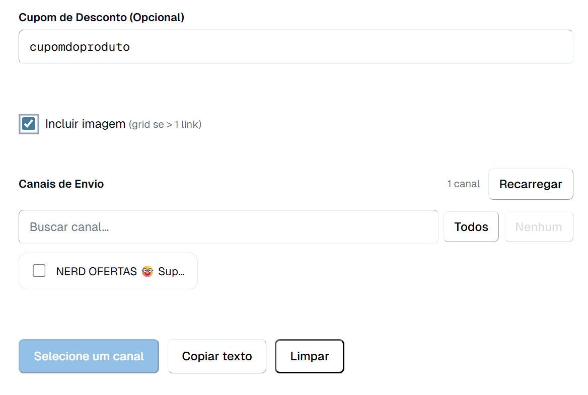 Seletor de canais de envio do Postador de Ofertas, com a busca de canal e os botões Todos e Nenhum