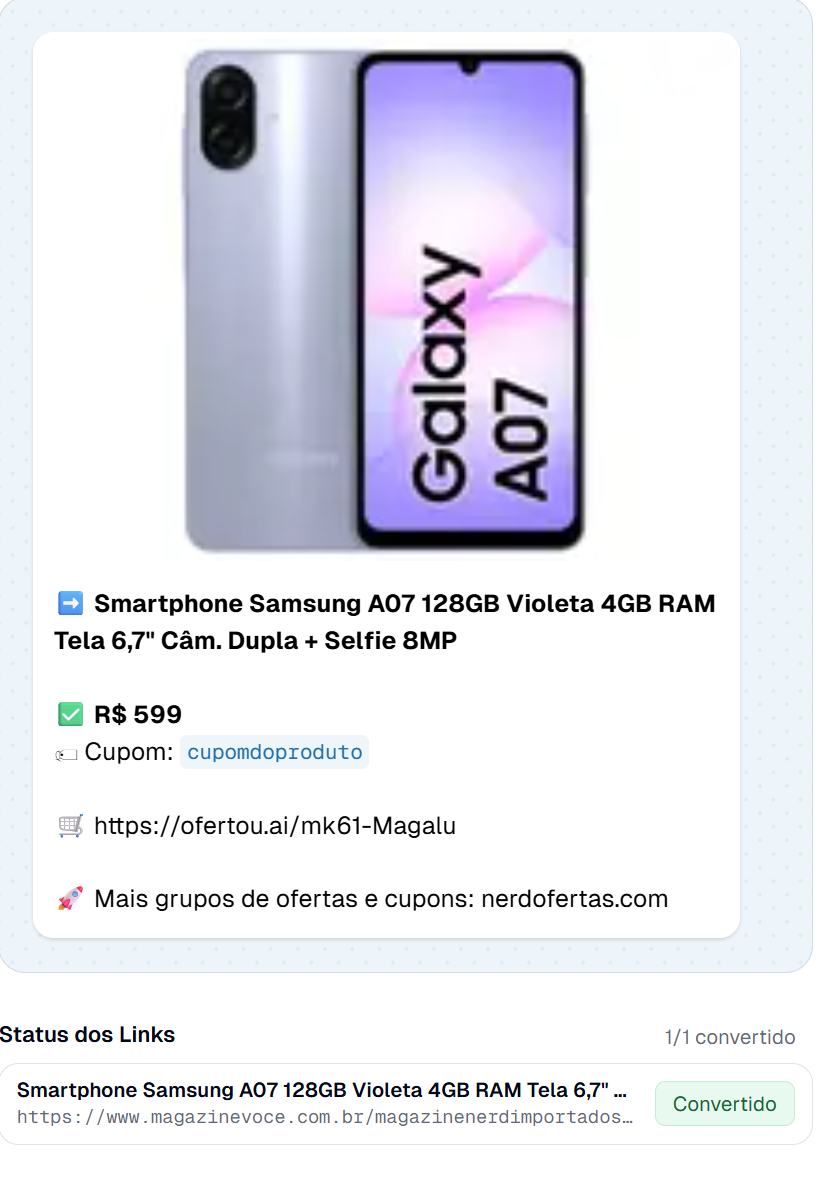 Prévia de uma oferta montada: imagem do produto, título, preço, cupom e link de afiliado encurtado