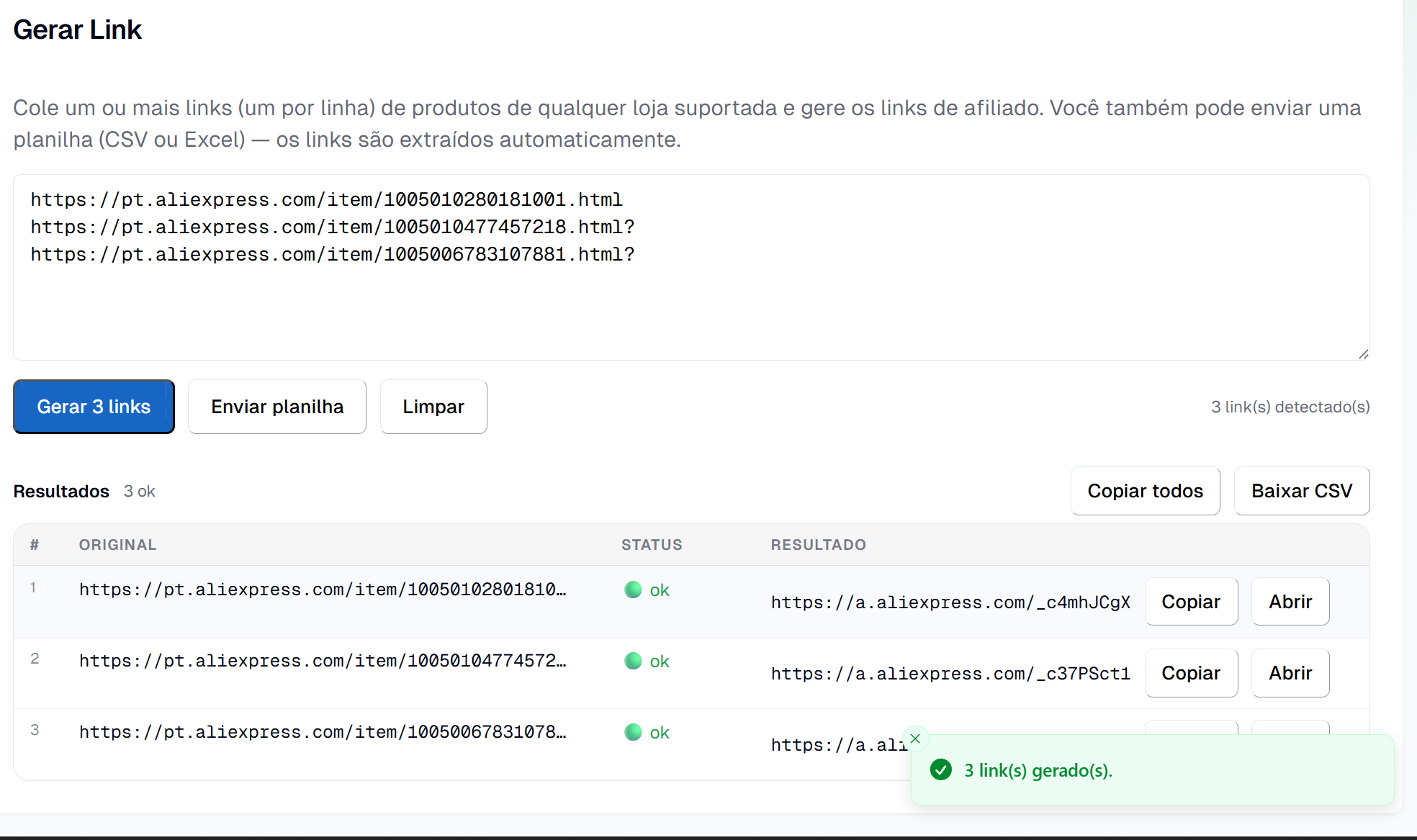 Página Gerar Link do painel: vários links de produtos colados, o botão Gerar e a tabela de resultados com cada link de afiliado pronto para copiar
