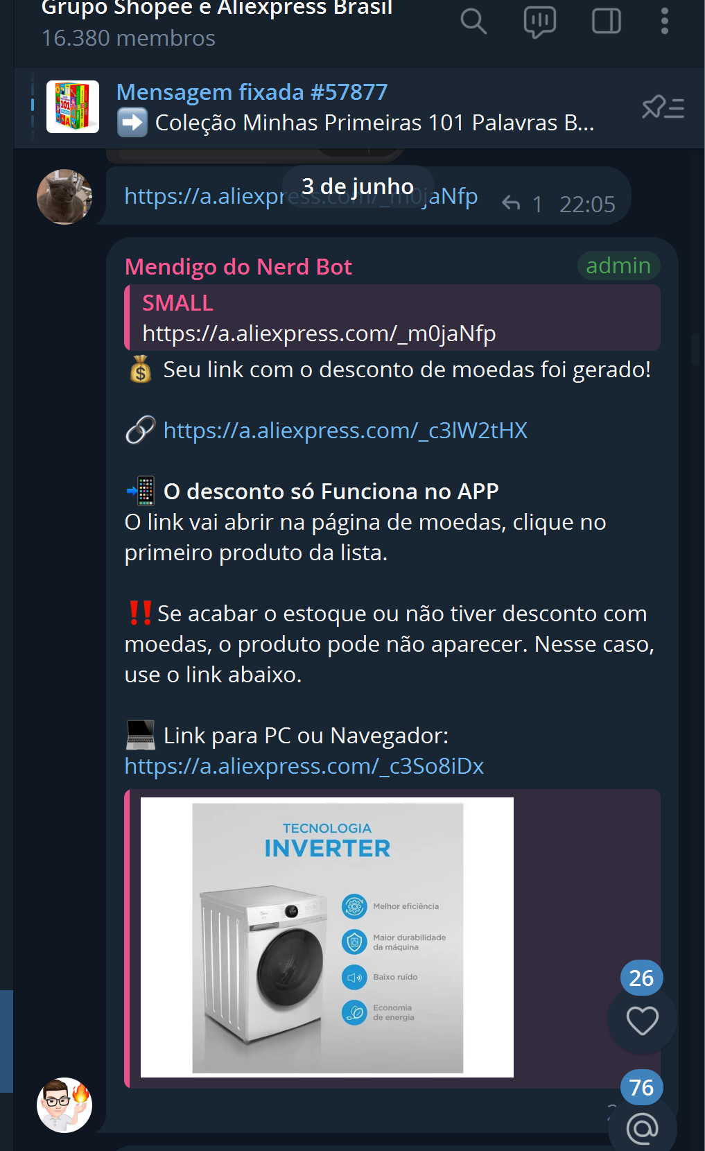 Mensagem em um grupo: o link cru é substituído pela versão de afiliado do bot