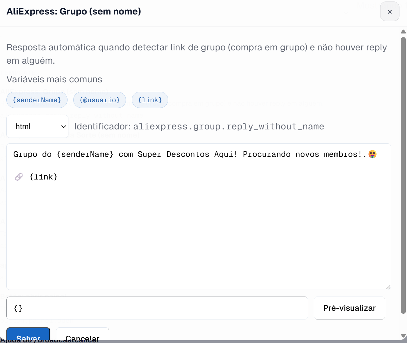 Editor de template no painel com variáveis como {senderName} e {link} e o botão de pré-visualizar